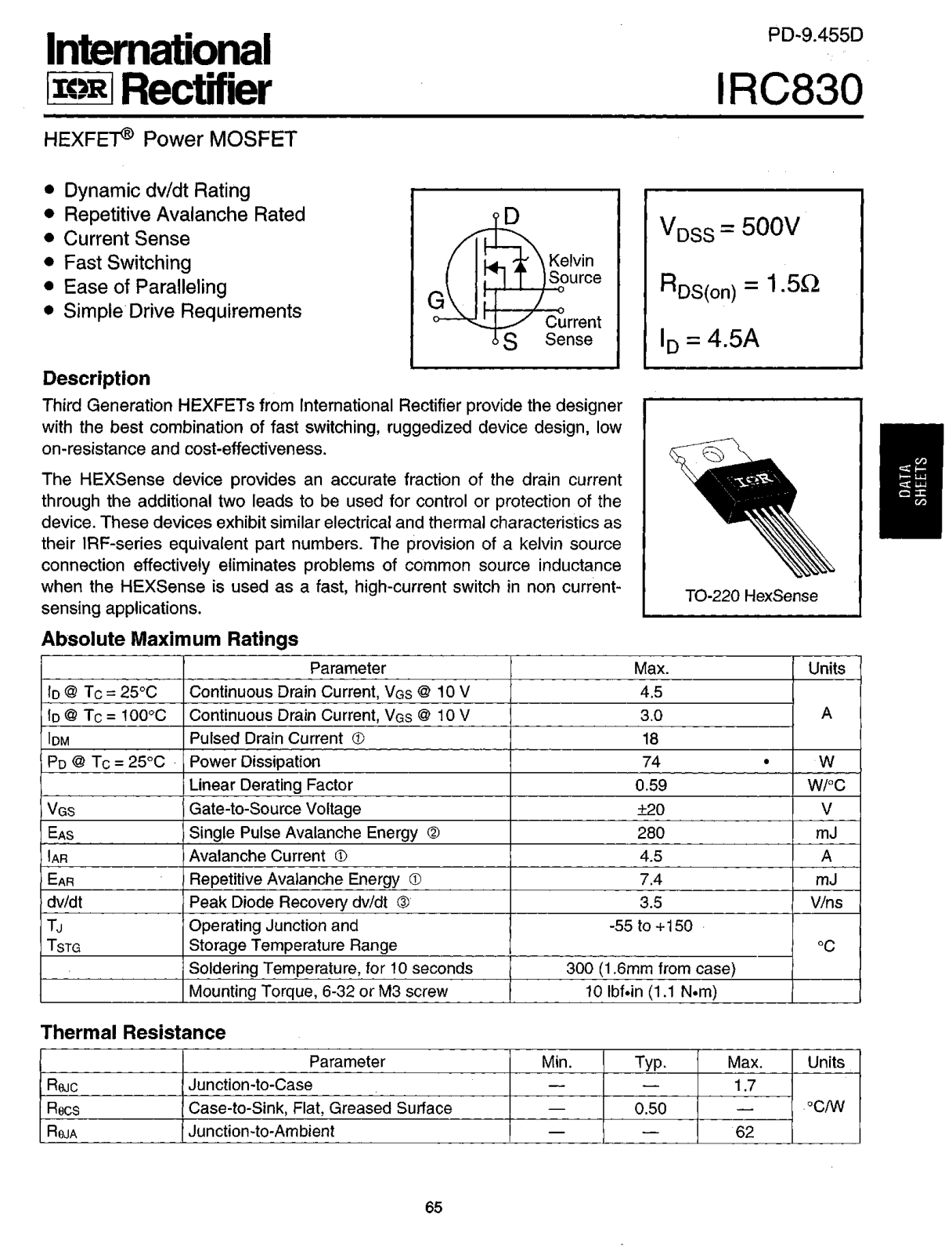 International Rectifier IRC830 Datasheet