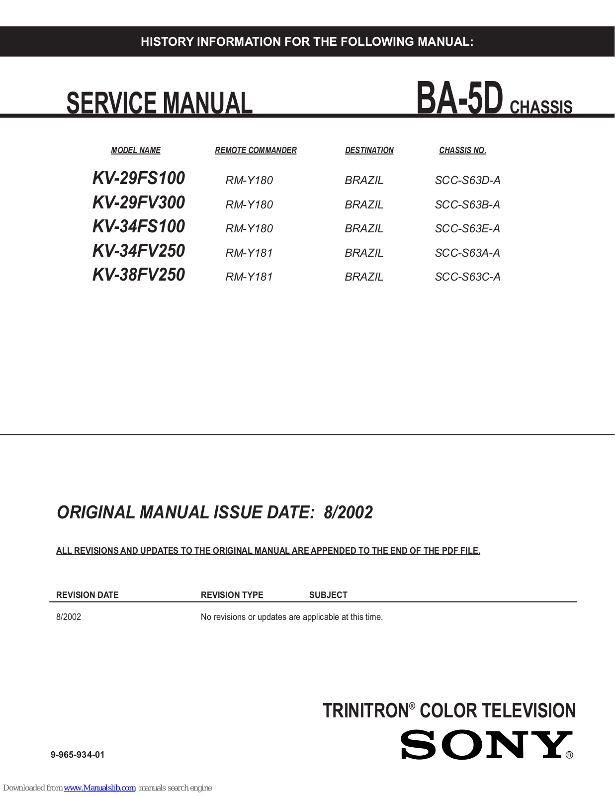 Sony TRINITRON KV-29FS100, TRINITRON KV-29FV300, TRINITRON KV-34FS100, TRINITRON KV-34FV250, TRINITRON KV-38FV250 Service Manual