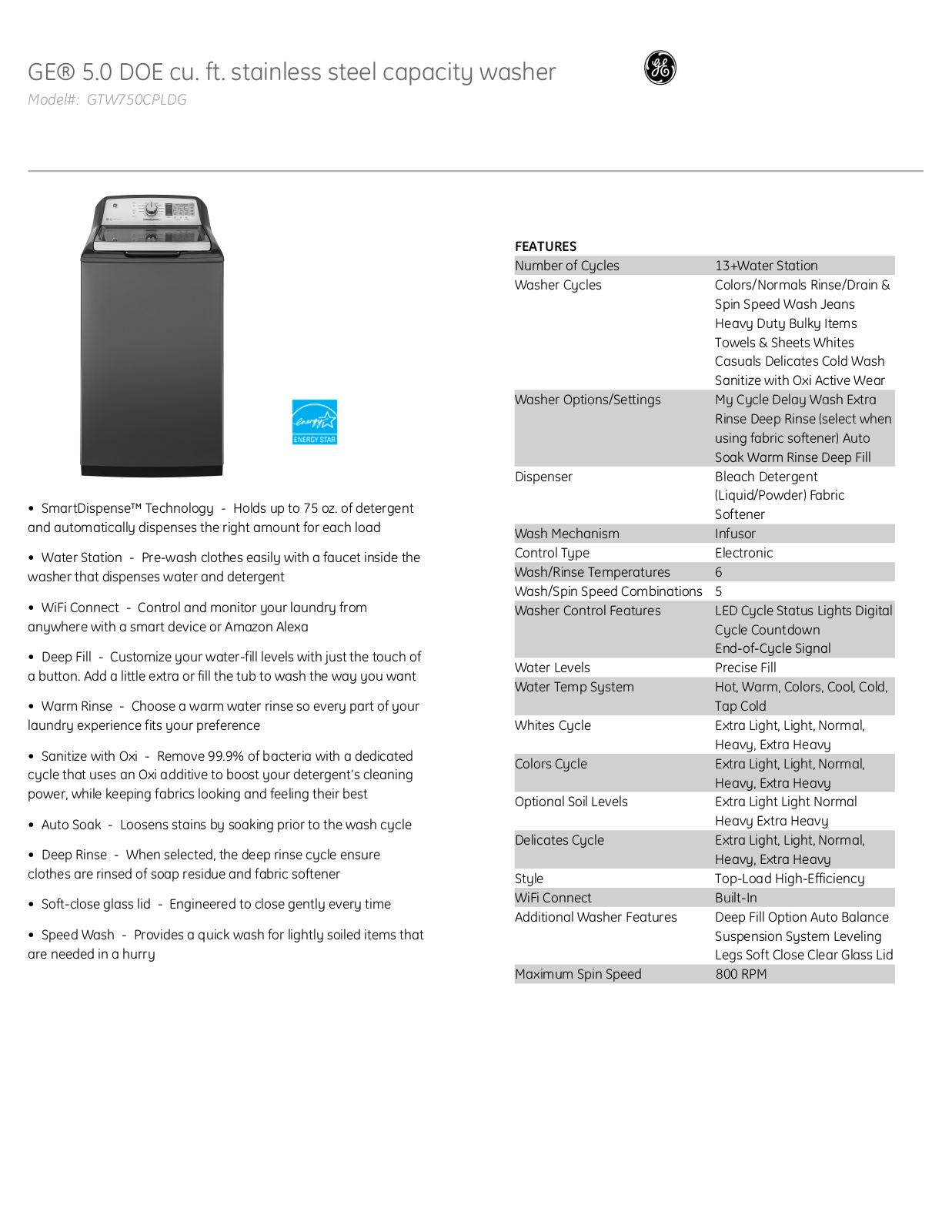 GE GTW750CPLDG Specs