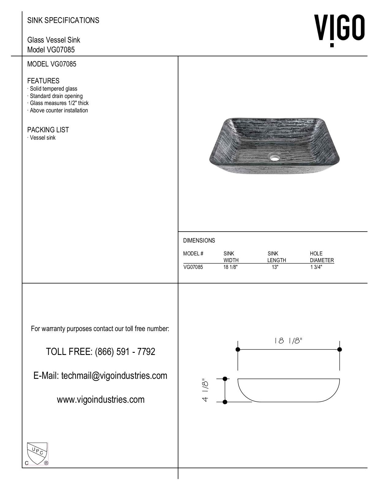 Vigo VG07085, VGT1603, VGT1752, VGT1702, VGT1902 Specifications