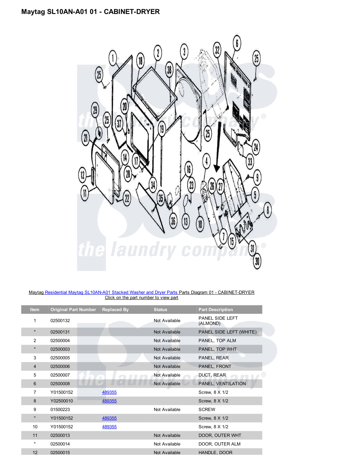 Maytag SL10AN-A01 Stacked and Parts Diagram