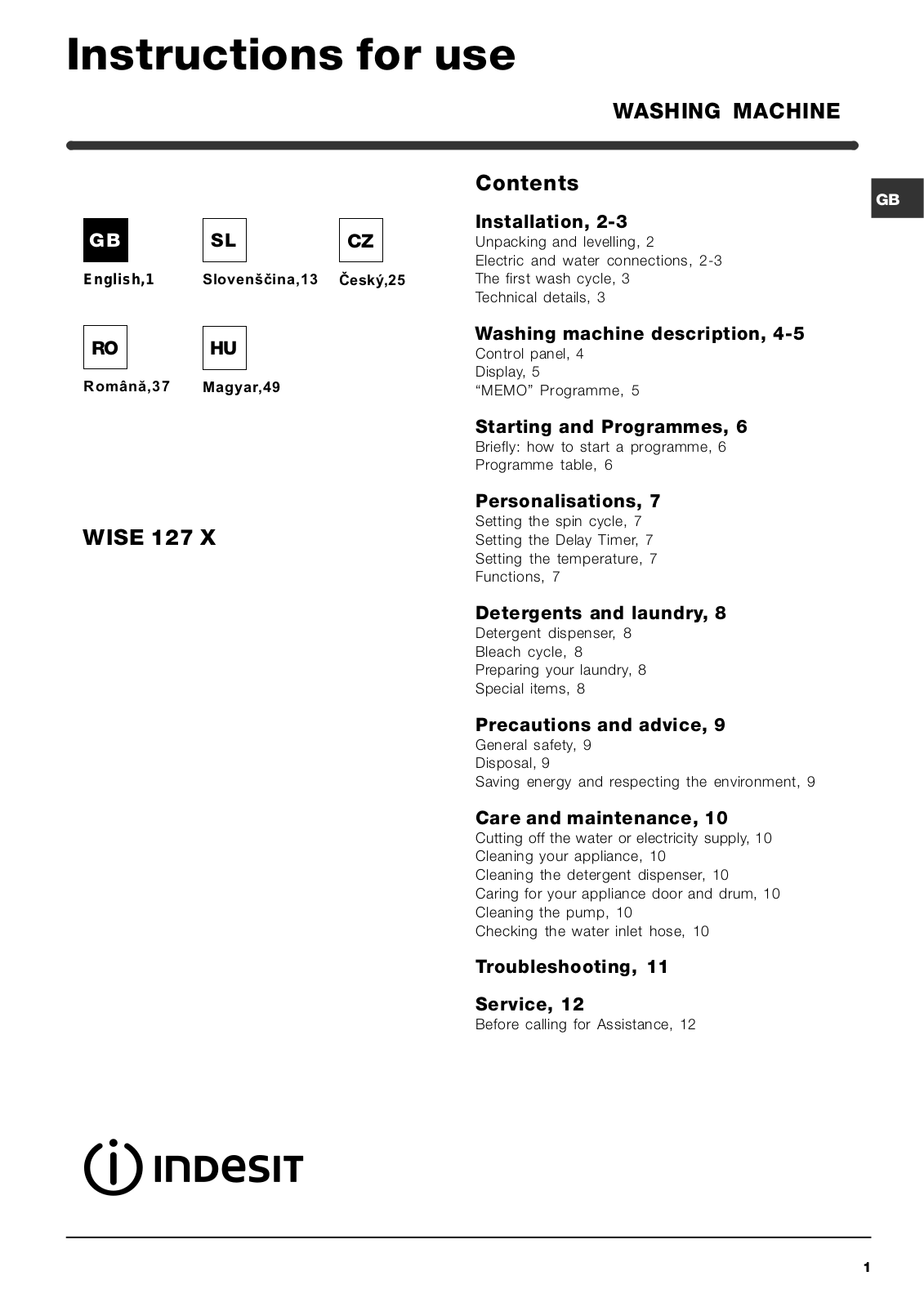 Indesit WISE 127 X User Manual