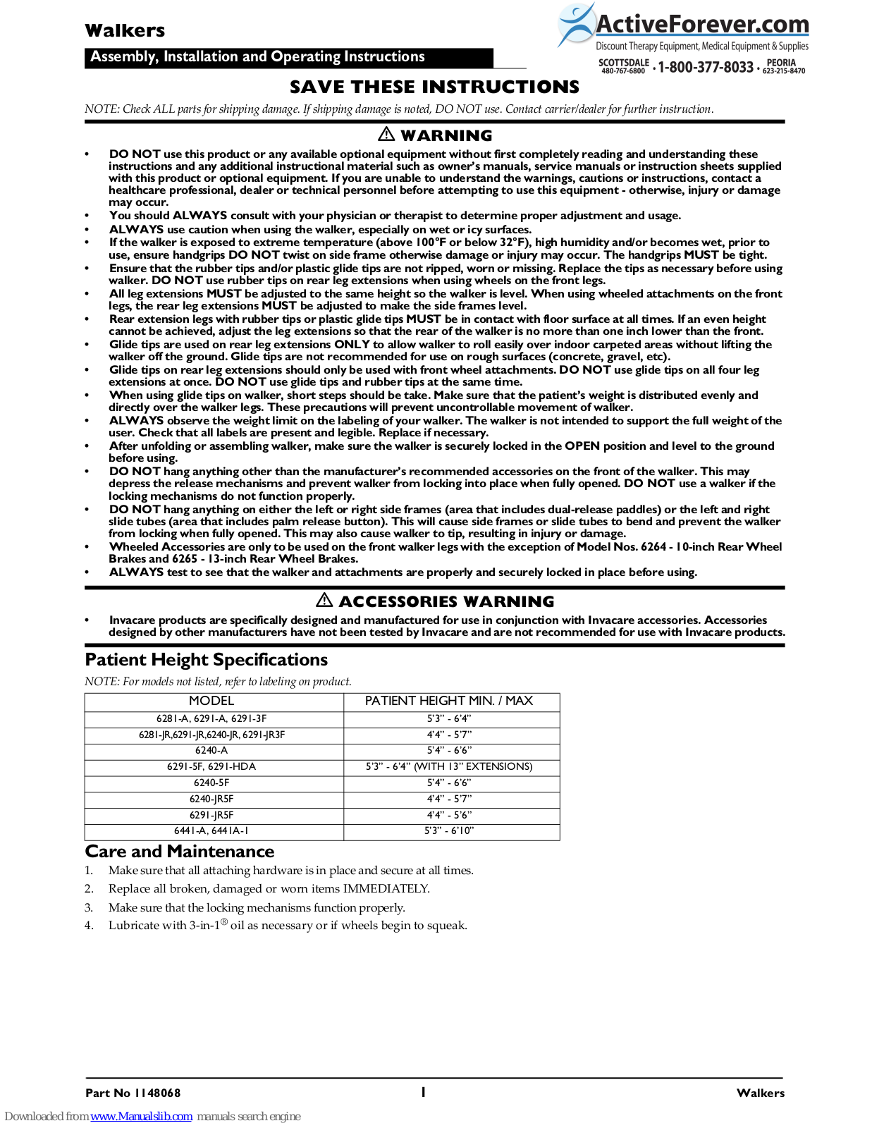 Invacare 6281-A, 6291-A, 6291-3F, 6281-JR, 6291-JR Assembly, Installation And Operating Instructions