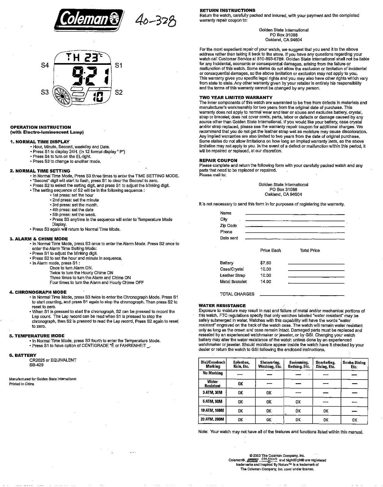 Golden State International 40-118, 40-328 User Manual