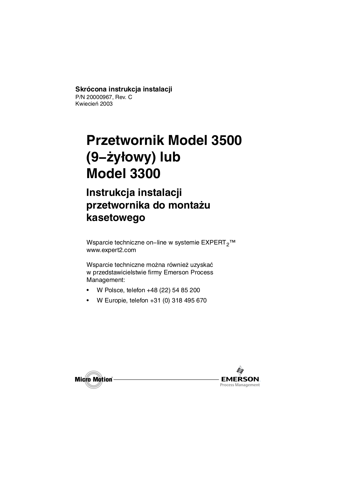 Micro Motion Installation Instructions: Przetwornik Model 3500 lub Model 3300 Instrukcja instalacji przetwornika do montażu panelowego-Installation Instruction Polish|Micro Motion Manuals & Guides