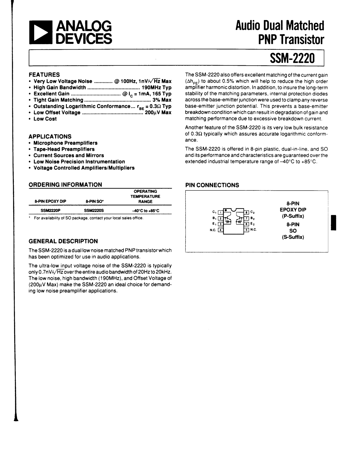 Analog Devices SSM2220S, SSM2220P Datasheet