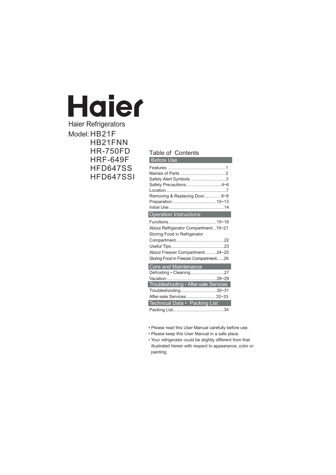 Haier HRF-649T, HTD647SSI, HR-750FD, HTD647SS, HB21F User Manual