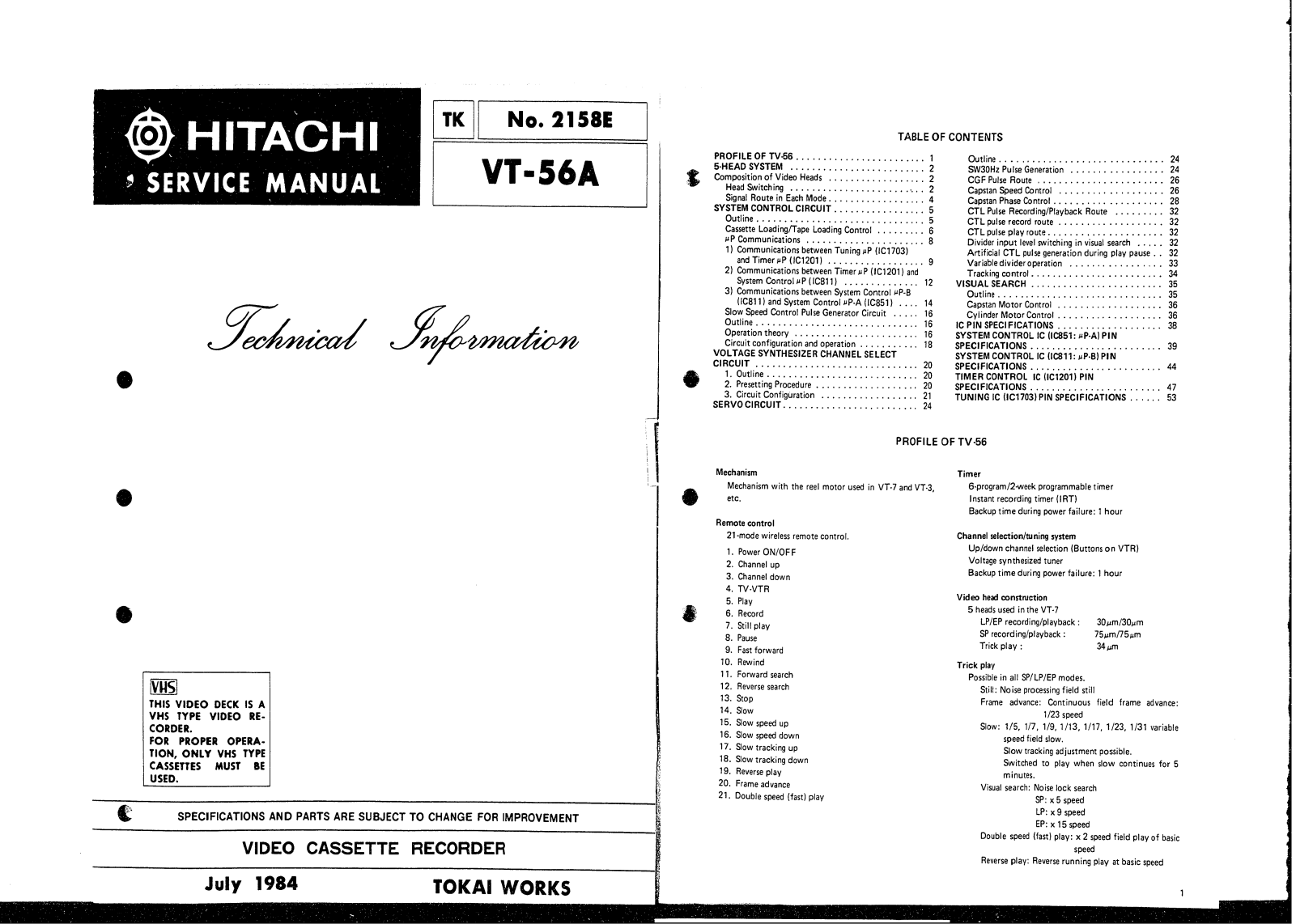 Hitachi VCR VT56A1 Schematic