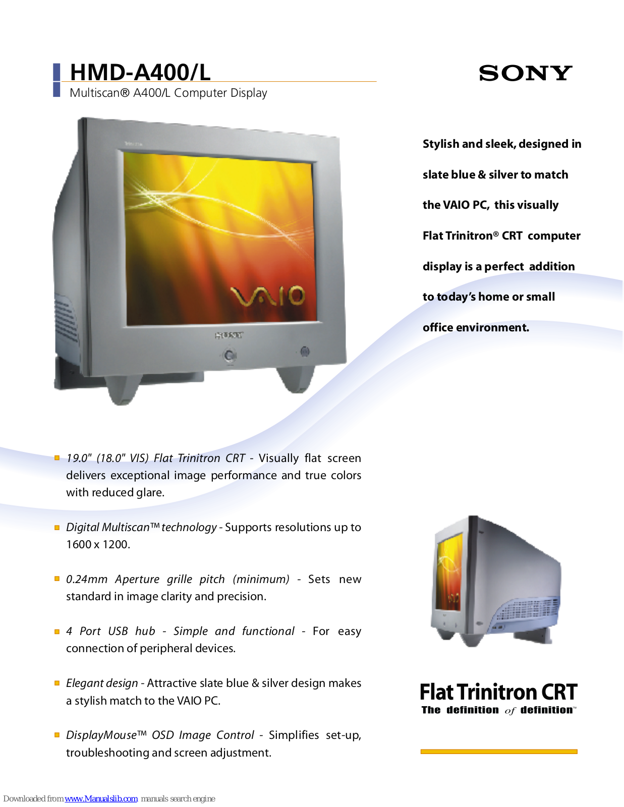 Sony Flat Trinitron HMD-A400/L, HMD-A400, Multiscan A400/L Specifications - ManualMachine.com