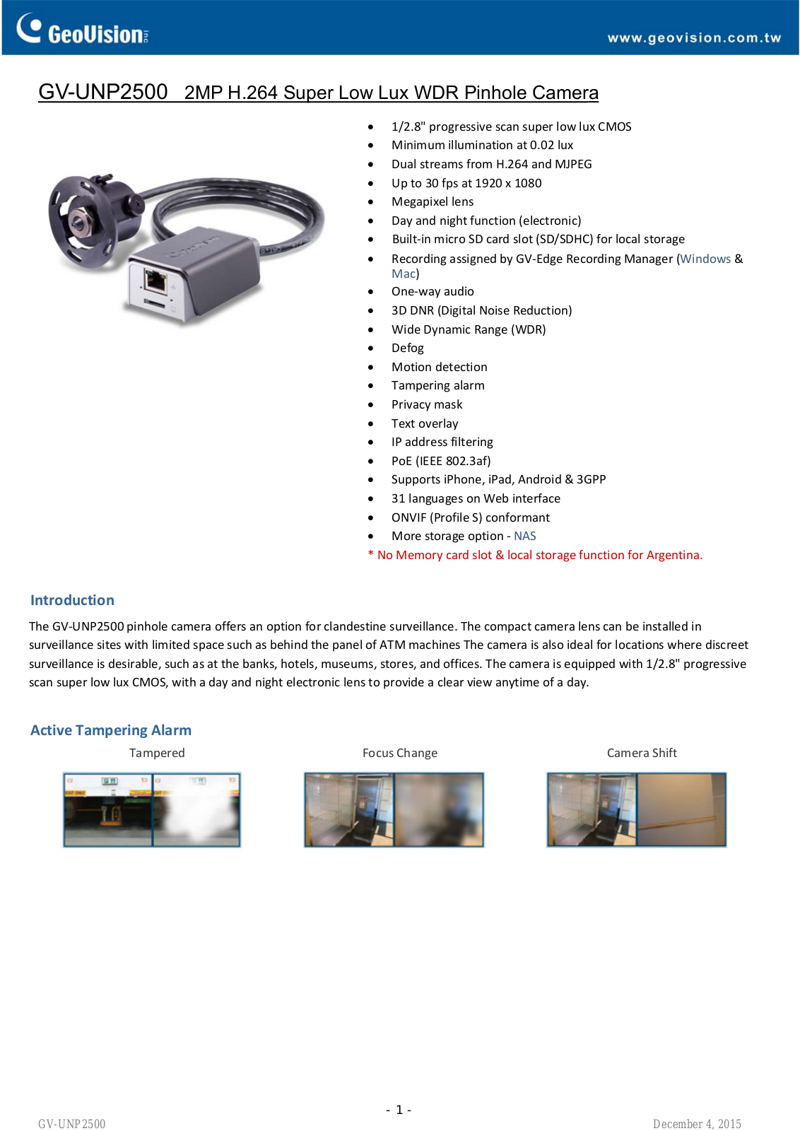 Geovision GV-UNP2500 Specsheet