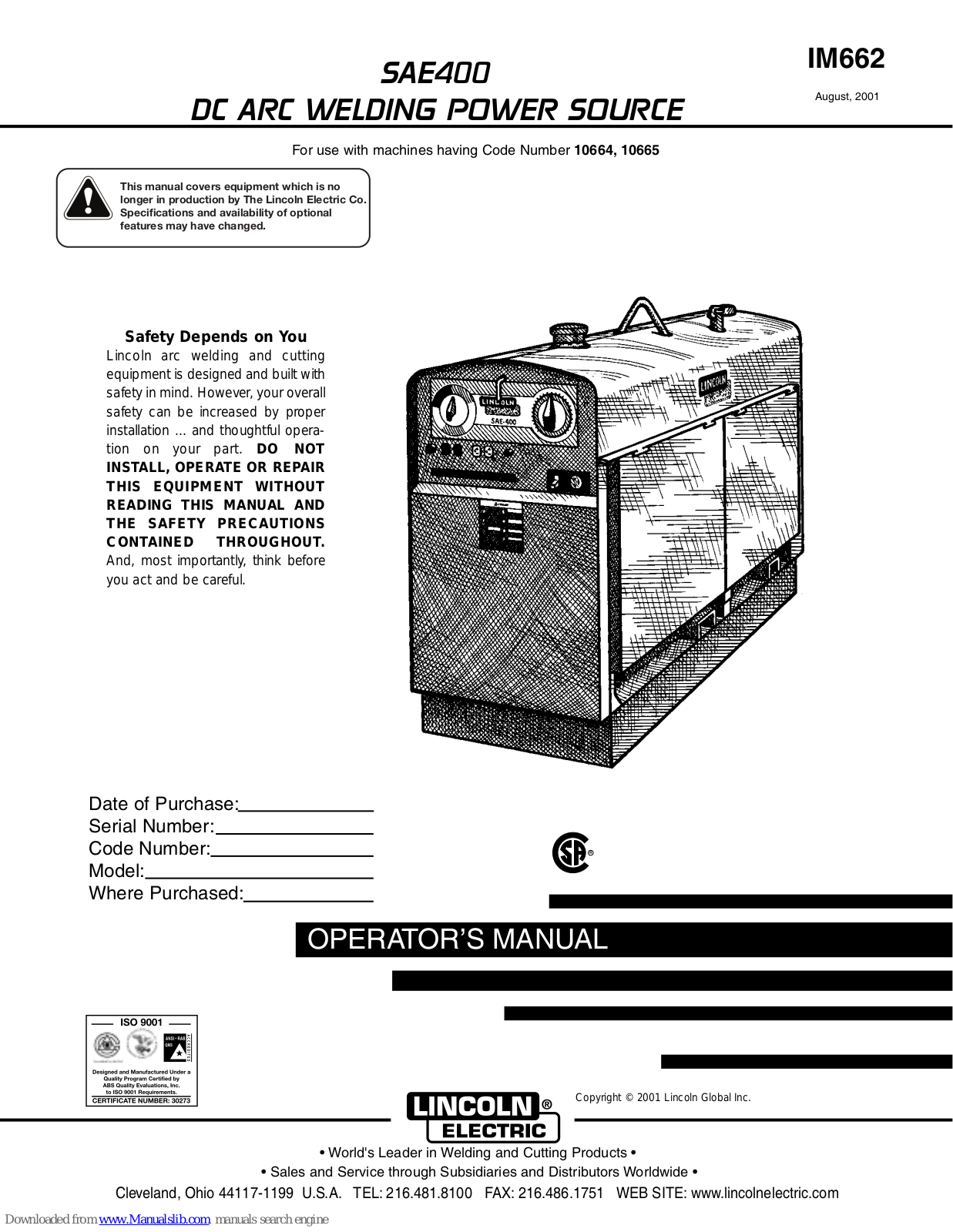 Lincoln Electric IM662 SAE400, SAE400 Operator's Manual