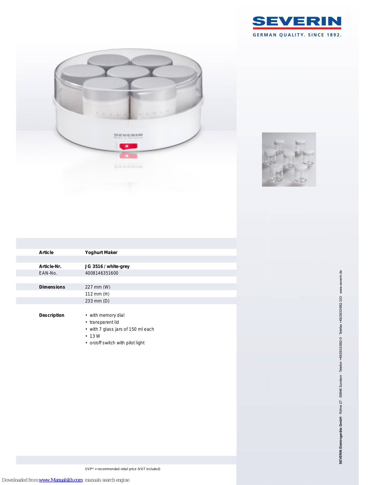 SEVERIN JG 3516,YOGHURT MAKER,JG 3516 Dimensions