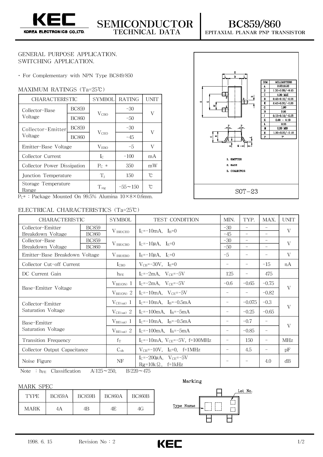 Korea Electronics Co  Ltd BC860B, BC860A, BC859B Datasheet