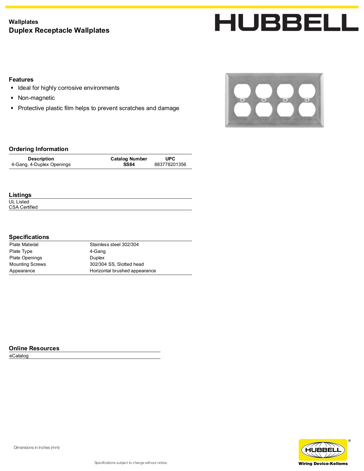 Hubbell SS84 Specifications