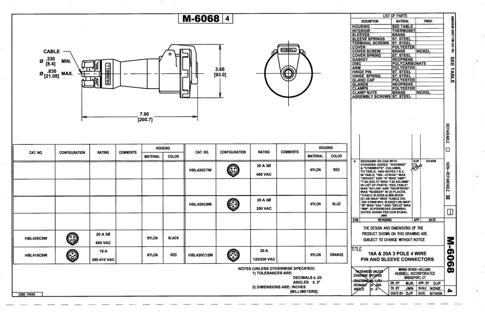 Hubbell HBL416C6W Reference Drawing