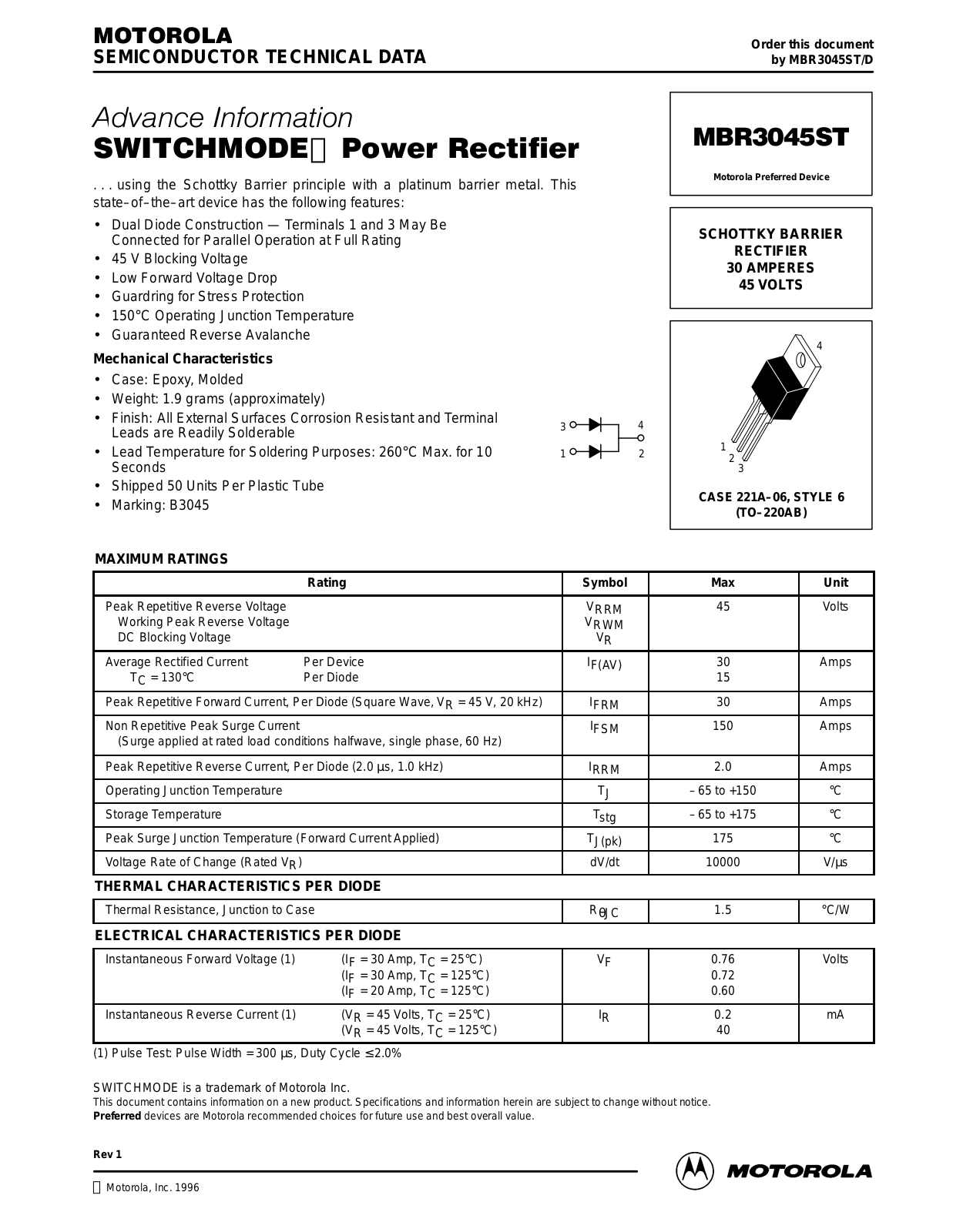 Motorola MBR3045ST Datasheet