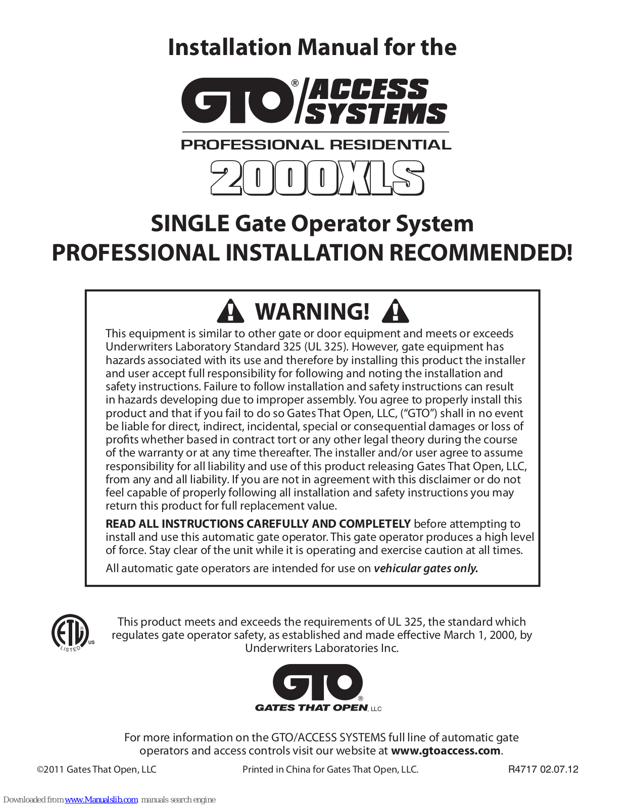 GTO 2000XLS Installation Manual
