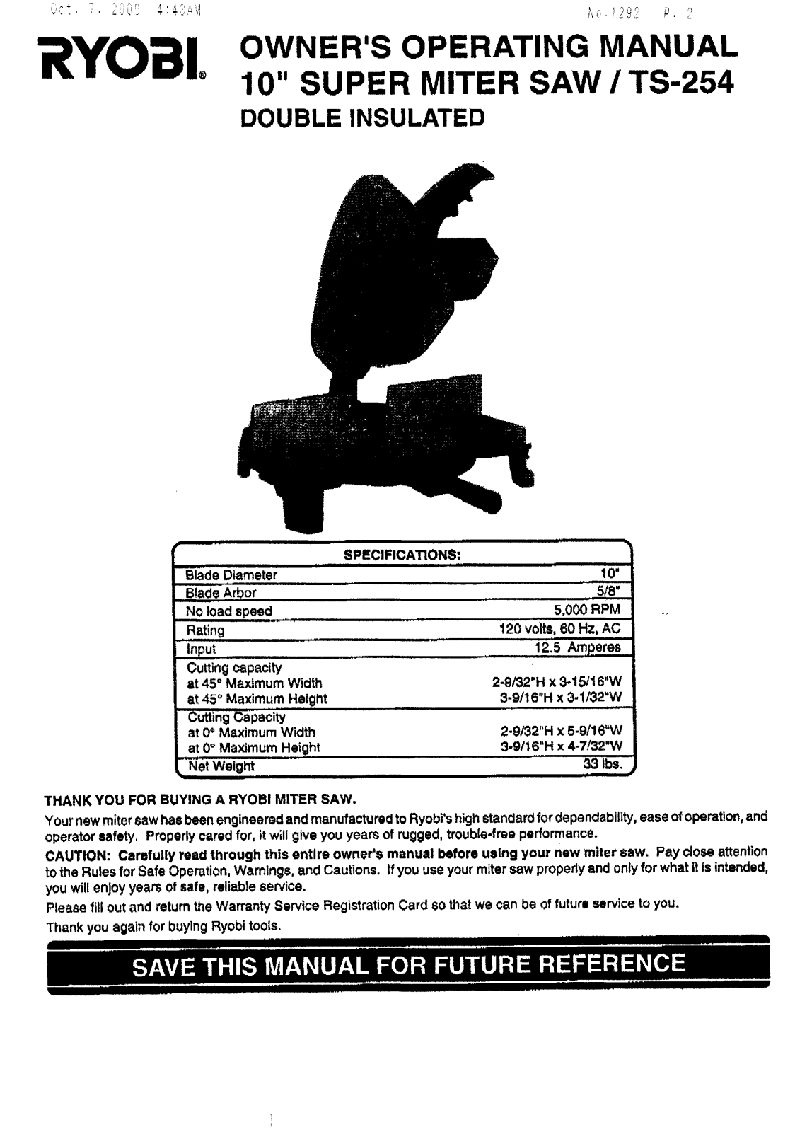 Ryobi TS254 Owner's Manual