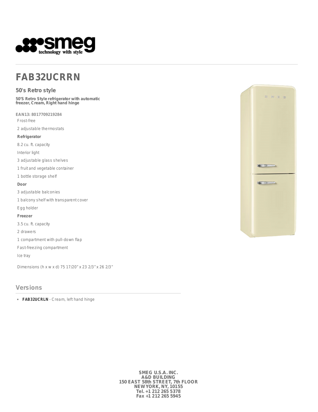 Smeg FAB32UCRRN Specification Sheet