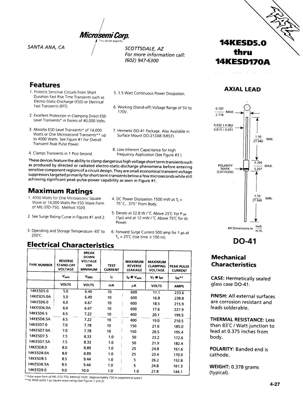 Microsemi Corporation 14KESD8.0A, 14KESD8.0, 14KESD78A, 14KESD78, 14KESD75A Datasheet