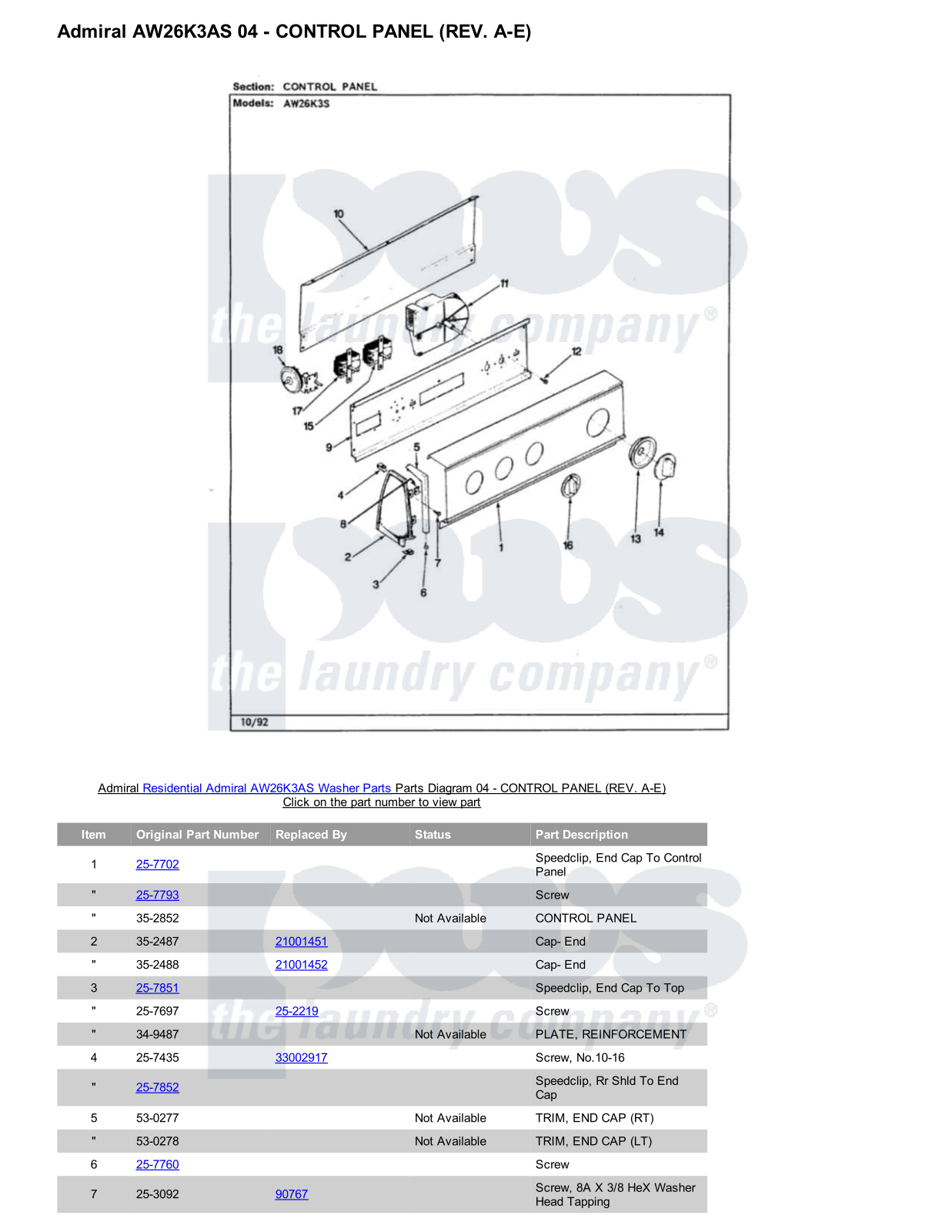 Admiral AW26K3AS Parts Diagram