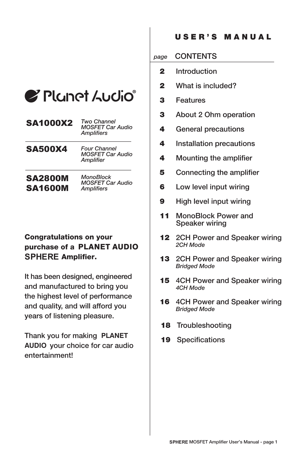 Planet Audio SA1000X2, SA1600M, SA2800M, SA500X4 User Manual