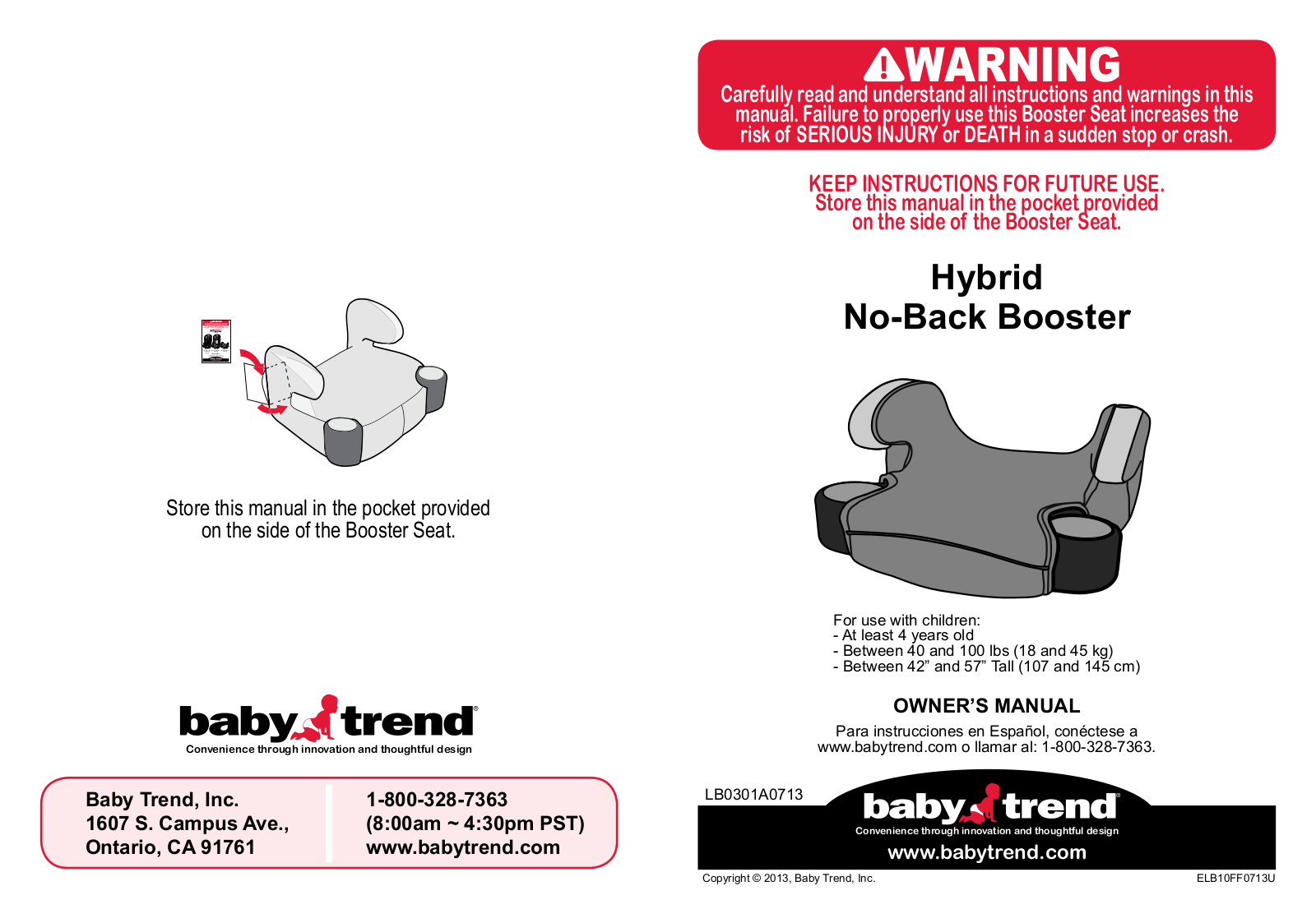 BabyTrend HYBRID NO BACK BOOSTER CAR SEAT - HELLO KITTY User Manual