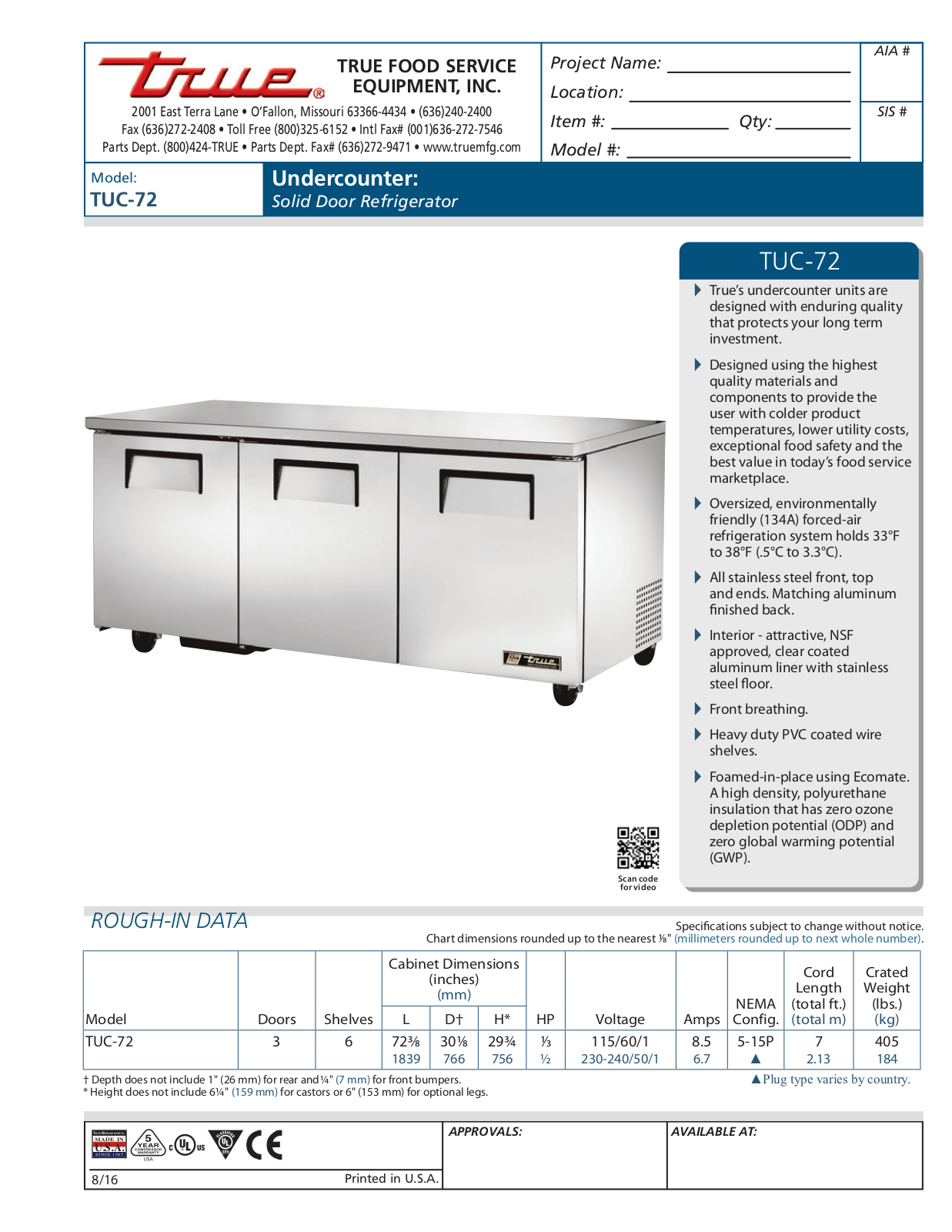 True TUC-72 User Manual