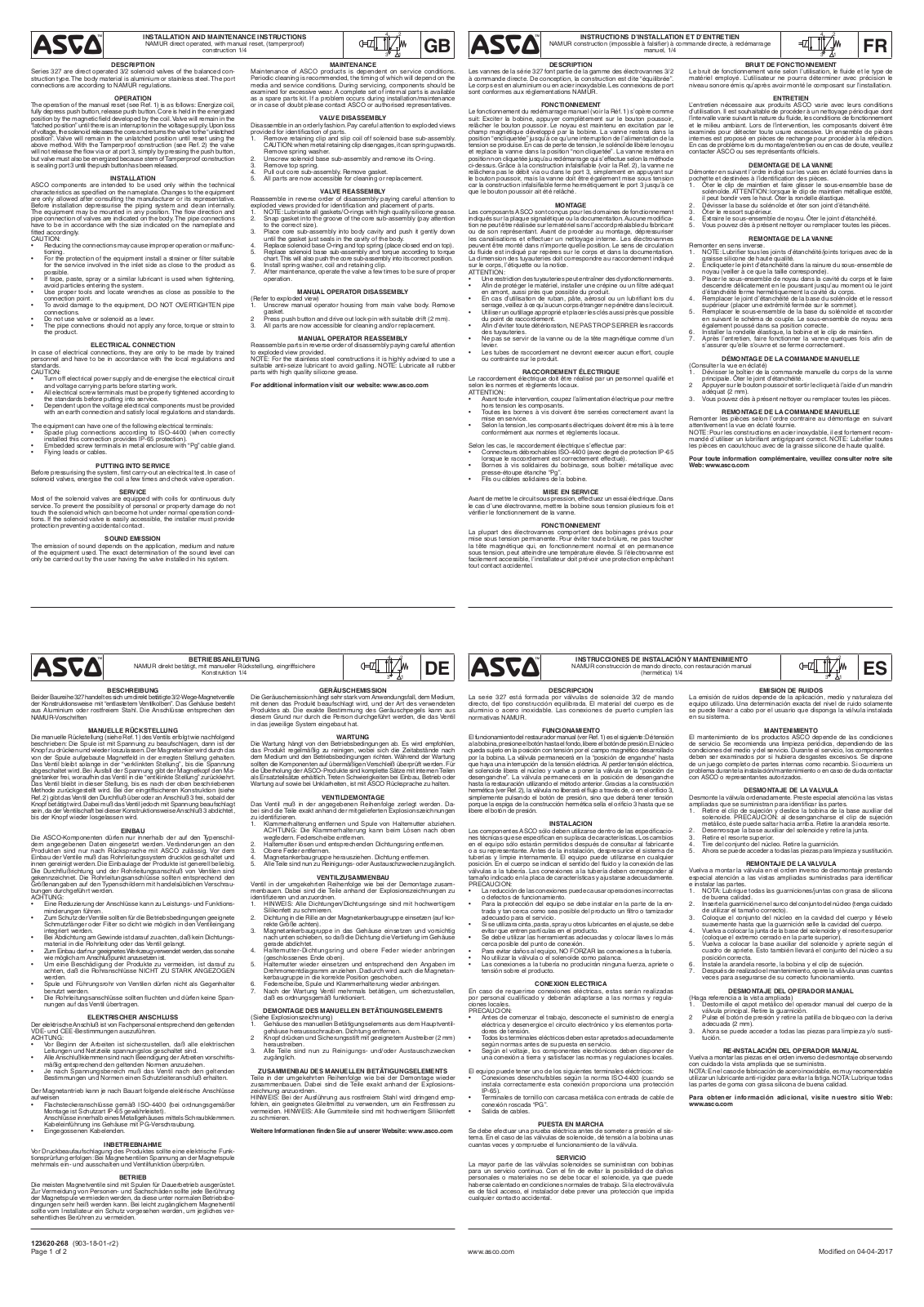 ASCO Series 327 NAMUR Direct Operated Manuals & Guides
