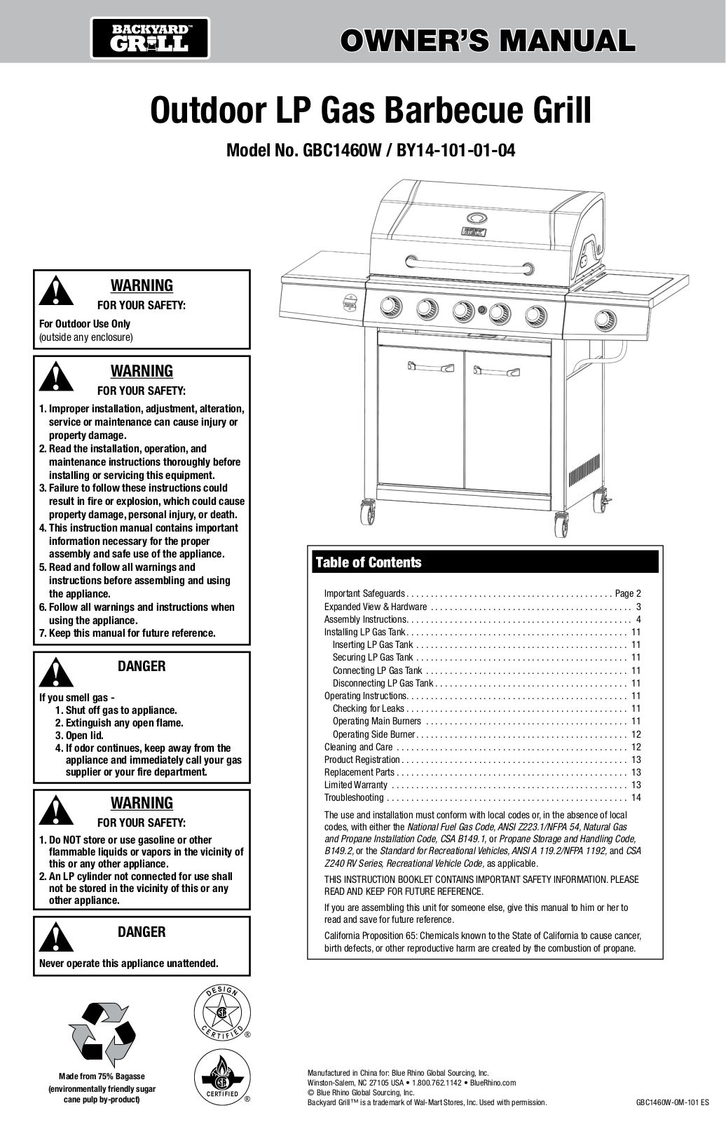 Backyard Grill GBC1460W, BY14-101-01-04 User Manual