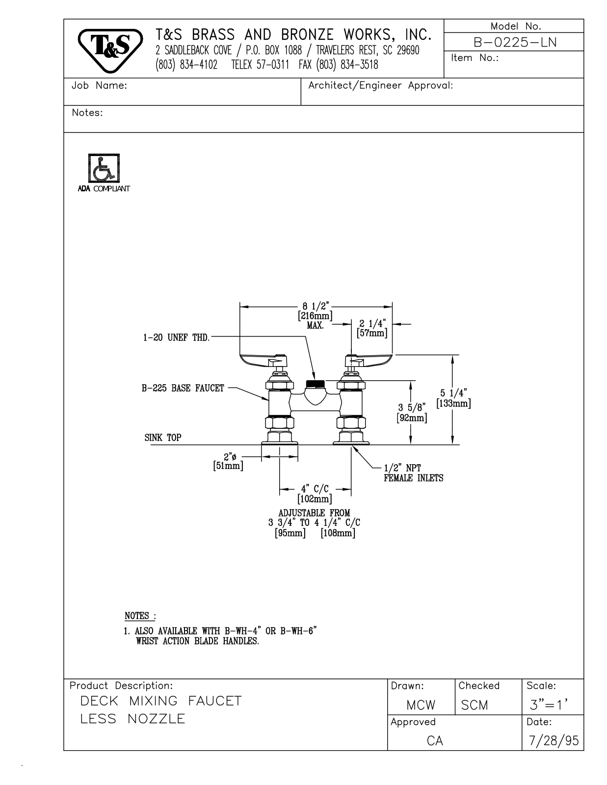 T & S Brass & Bronze Works B-0225-LN General Manual