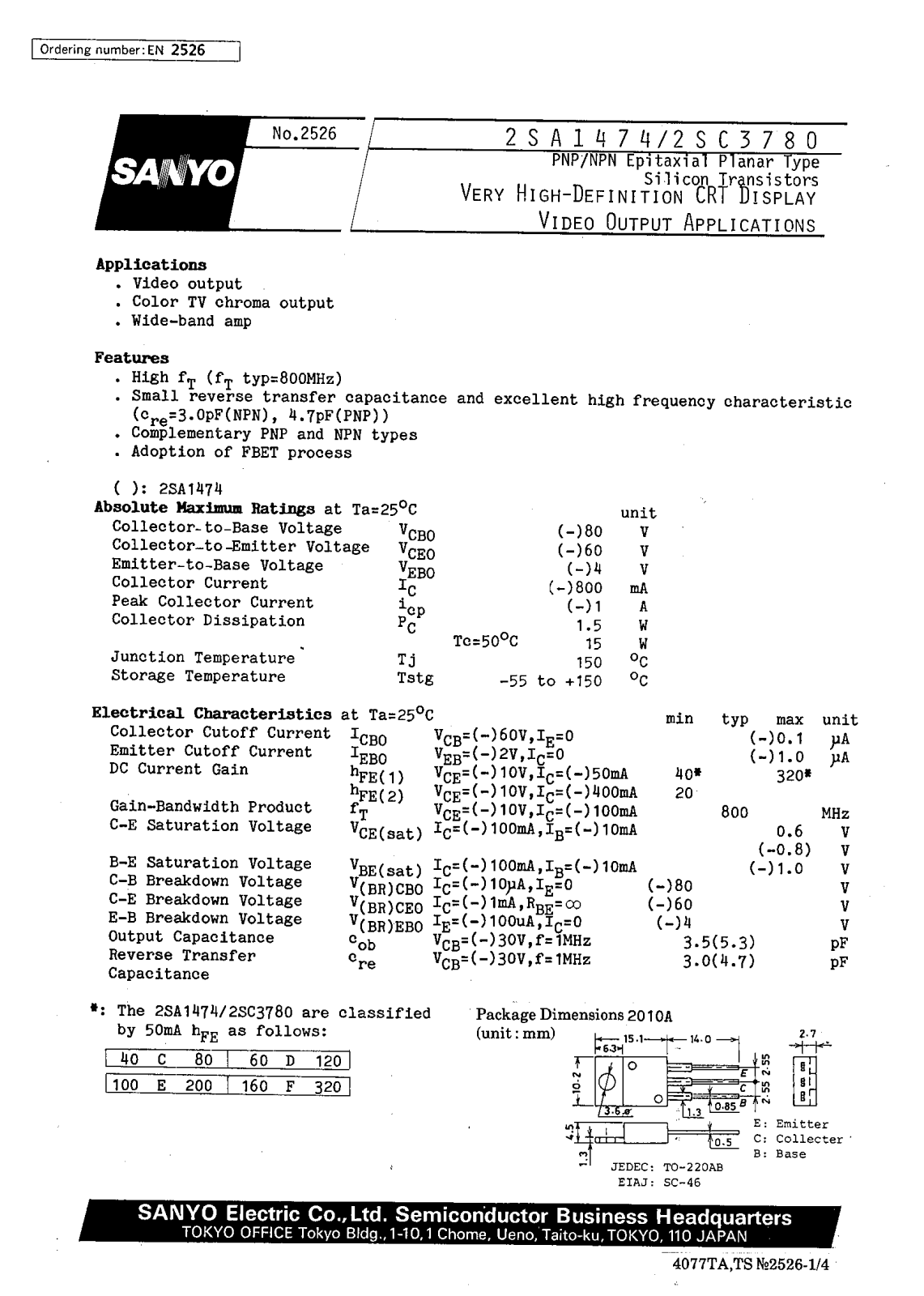 SANYO 2SC3780, 2SA1474 Datasheet