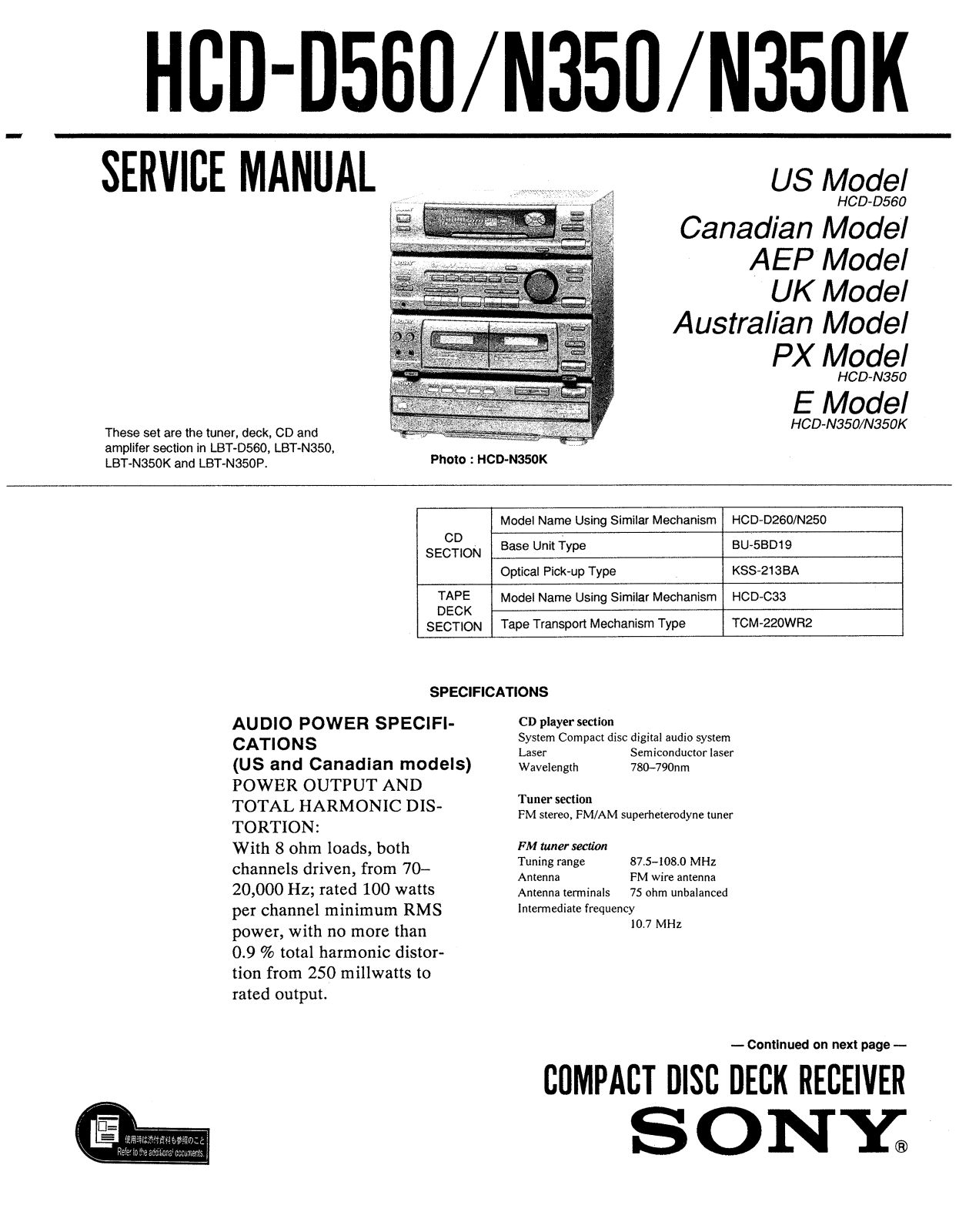 Sony HCD D560, HCD N350, HCD N350K Service Manual