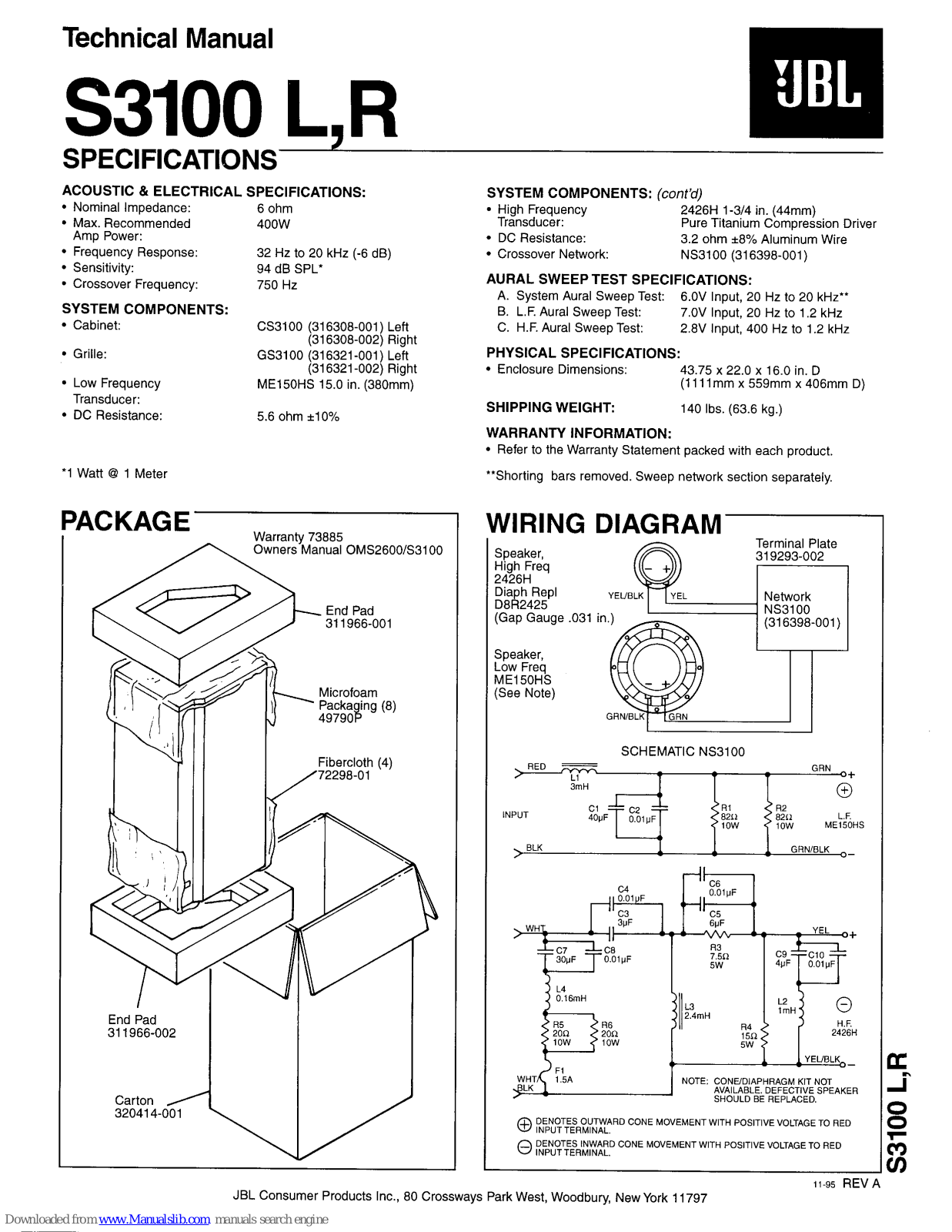 JBL S3100 L, S3100 R Technical Manual