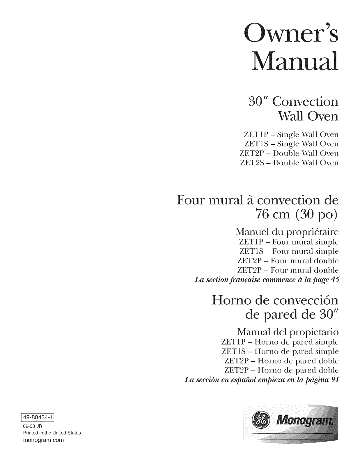 GE ZET2SM3SS, ZET2SM2SS, ZET2PM3SS, ZET2PM2SS, ZET1SM2SS Owner’s Manual