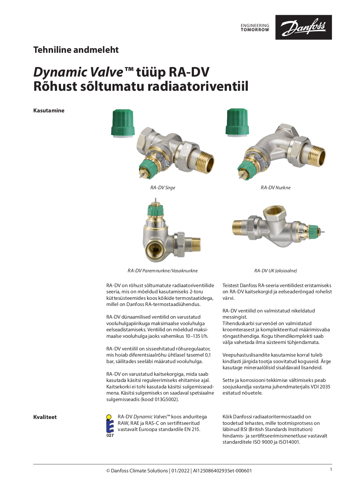 Danfoss RA-DV Data sheet