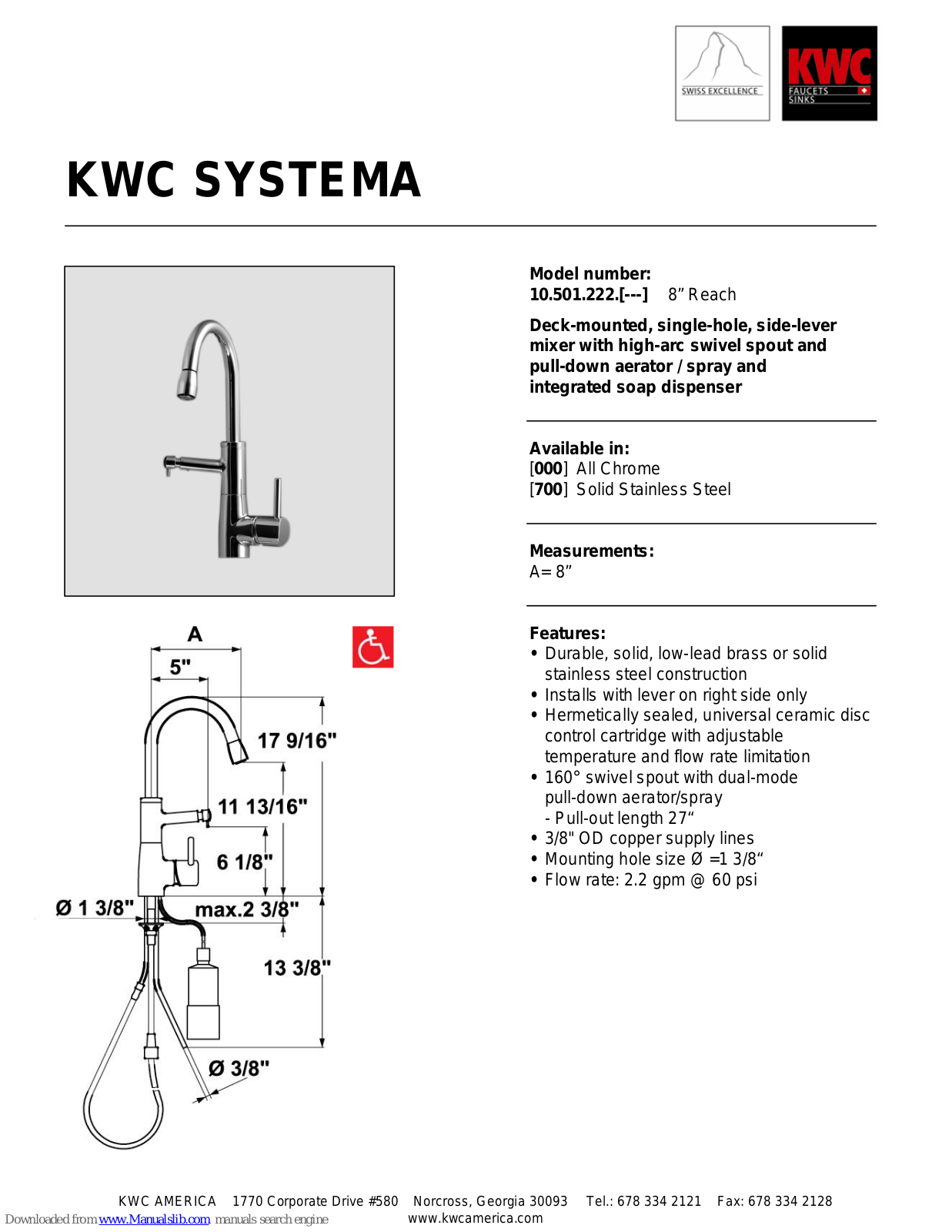 KWC Systema 10.501.222, Systema 10.501.222.000, Systema 10.501.222.700 Specification Sheet - ManualMachine.com