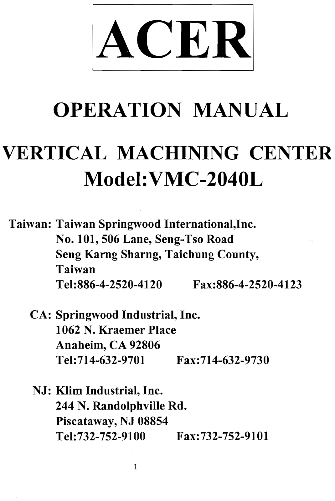 acer VMC-2040L Operation Manual