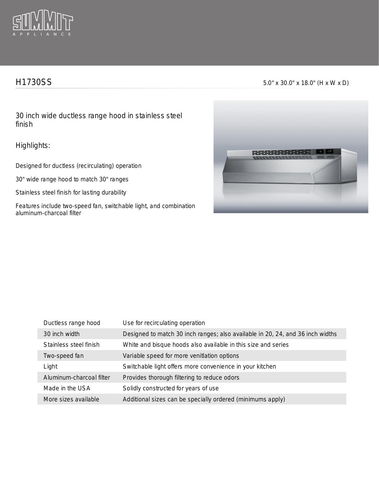Summit H1730SS User Manual - ManualMachine.com