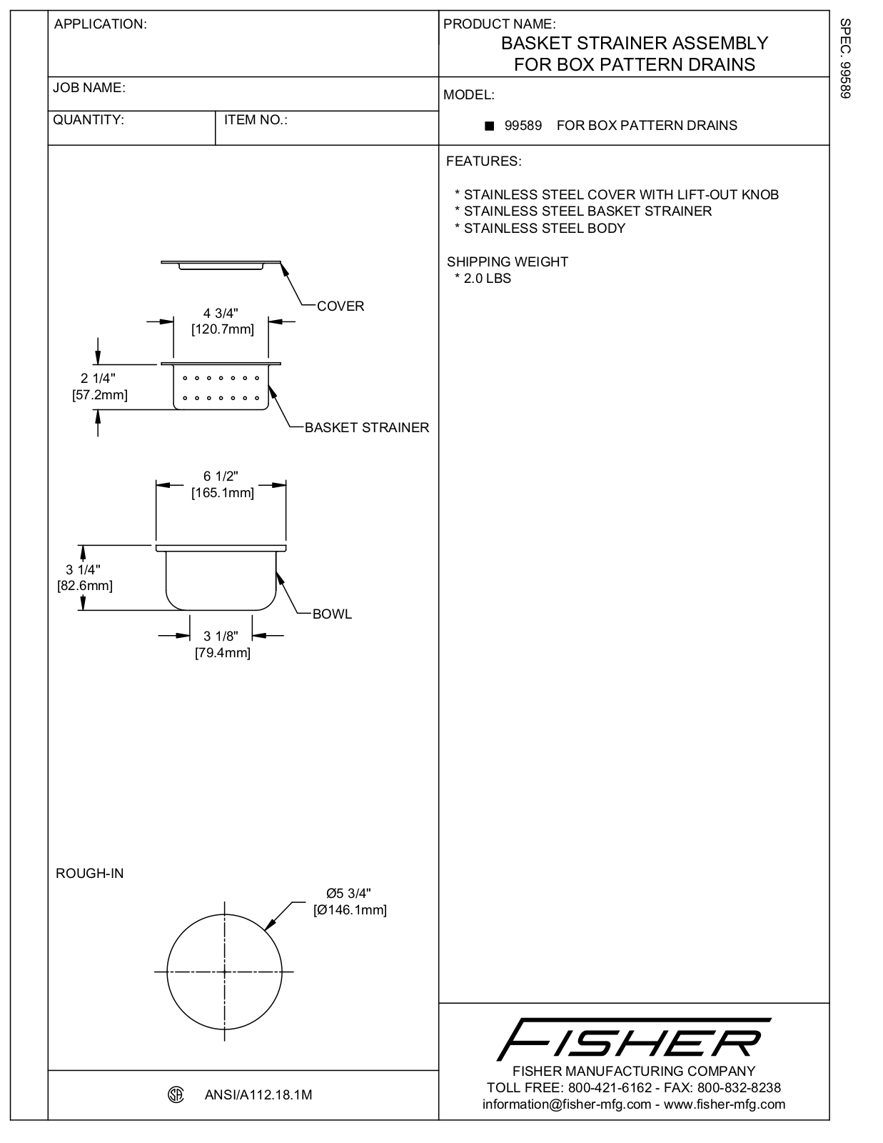 Fisher Manufacturing 99589 User Manual