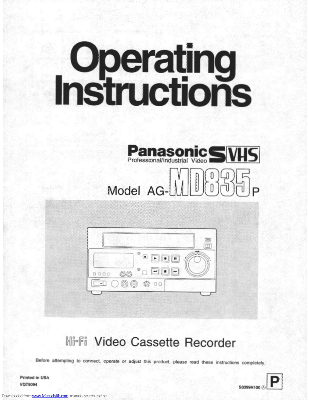 Panasonic AGMD835, AGMD835E - MEDICAL VCR Operating Instructions Manual