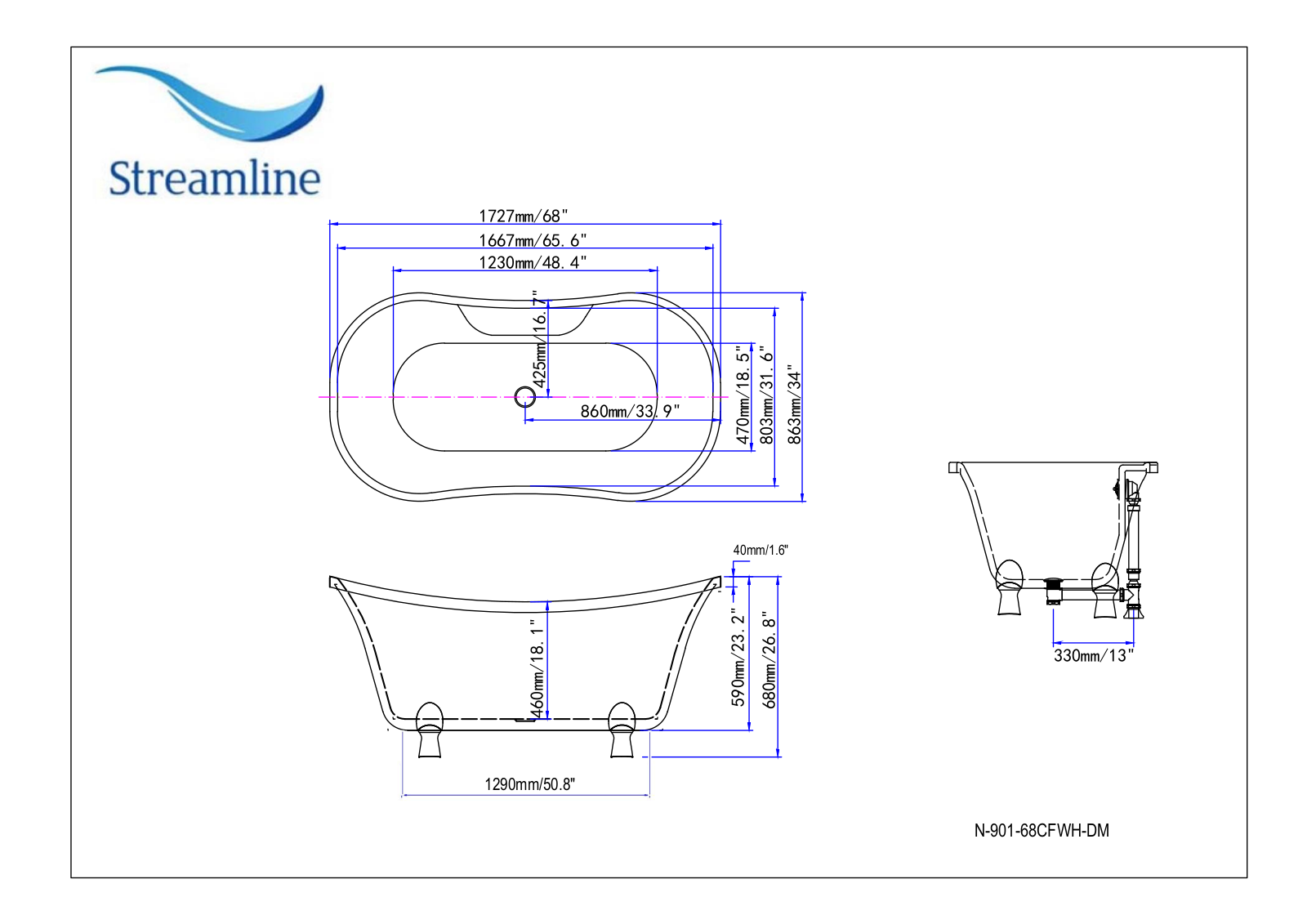 Streamline N901CHGLD, N901WHGLD, N901BLCH, N901BLGLD, N901CHCH Specifications