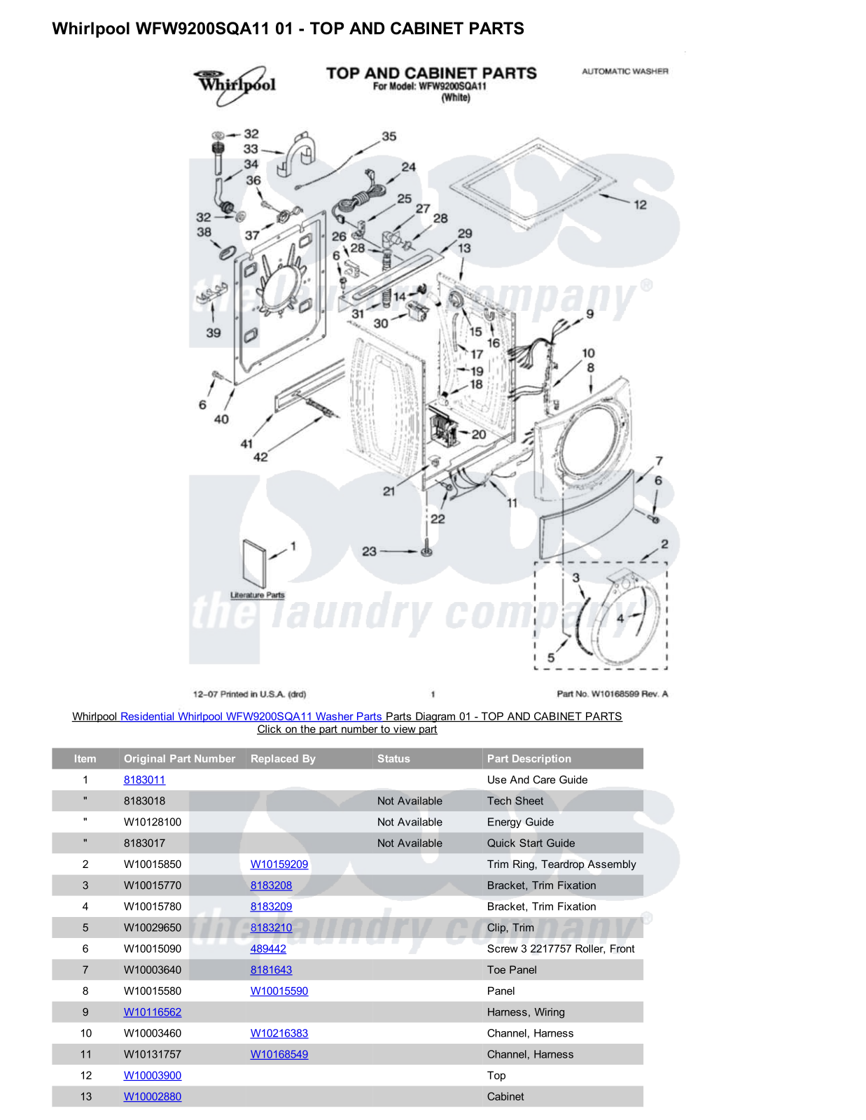 Whirlpool WFW9200SQA11 Parts Diagram