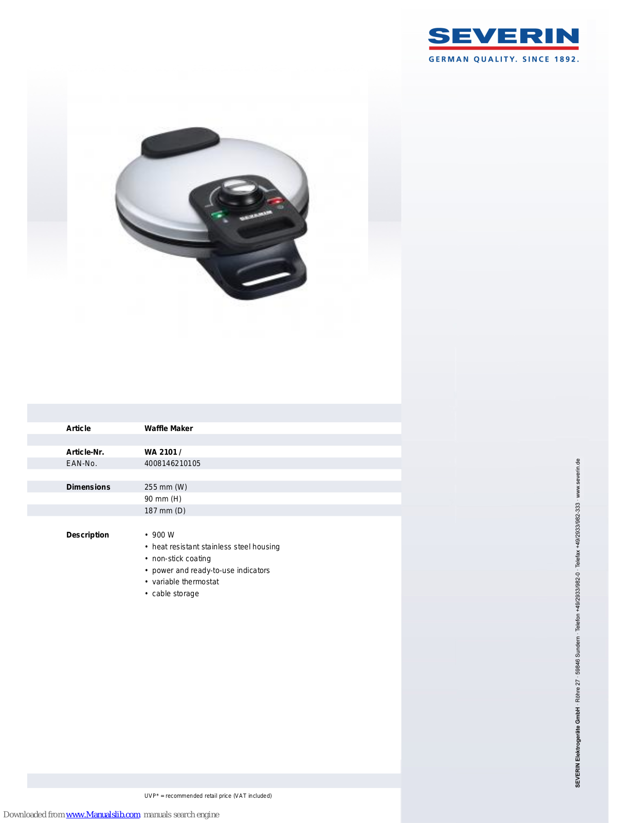 SEVERIN WA 2101,WAFFLE MAKER,WA 2101 Dimensions