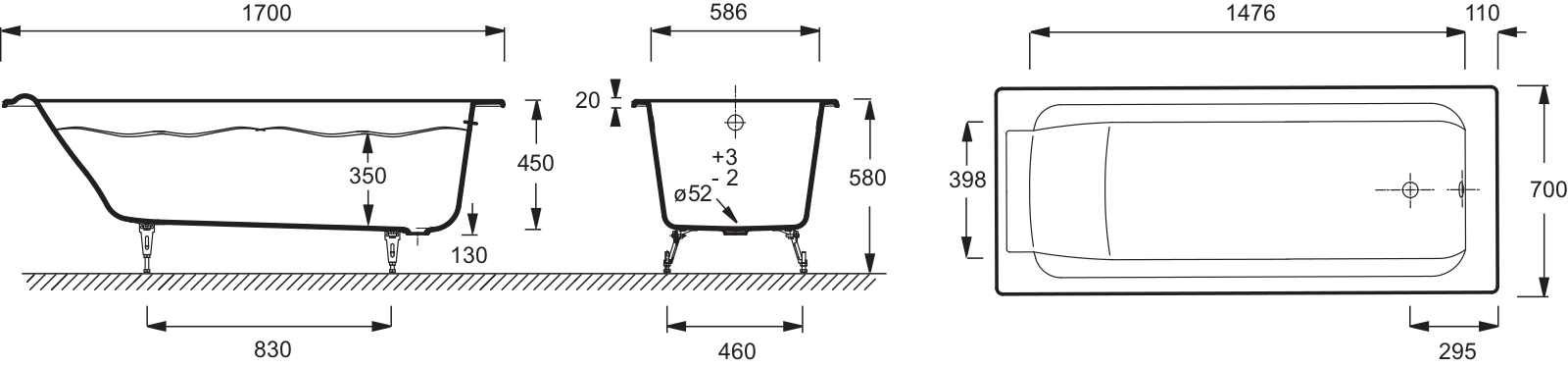 Jacob Delafon PARALLEL E2947-00 Dimensions