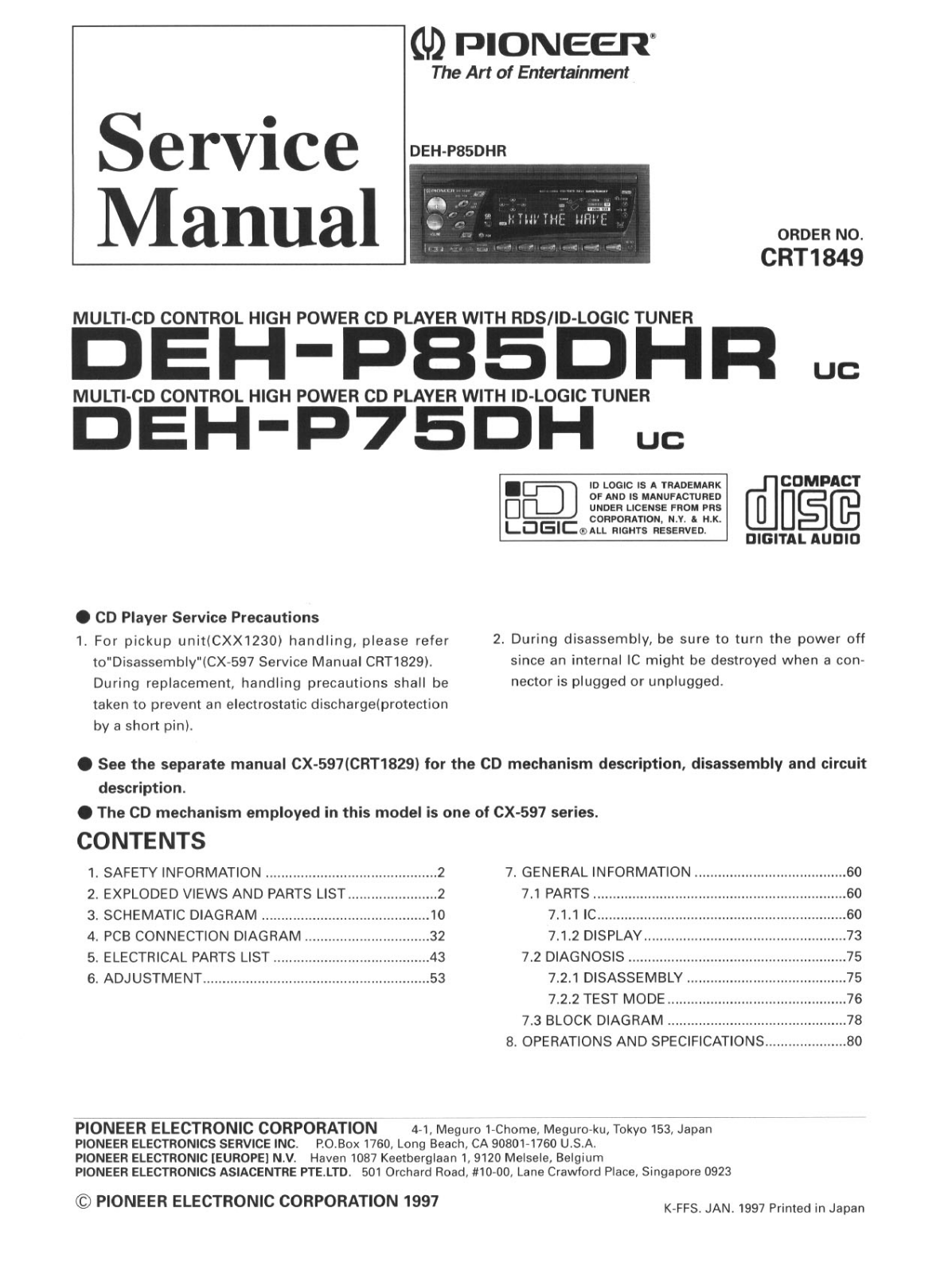 PIONEER DEH-P85DHR UC, DEH-P75DH UC Service Manual