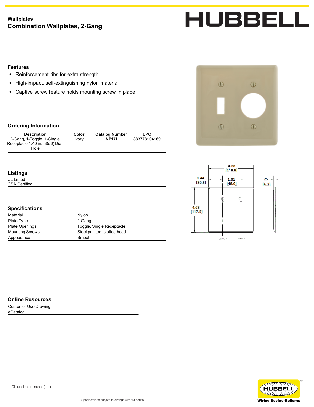 Hubbell NP17I Specifications