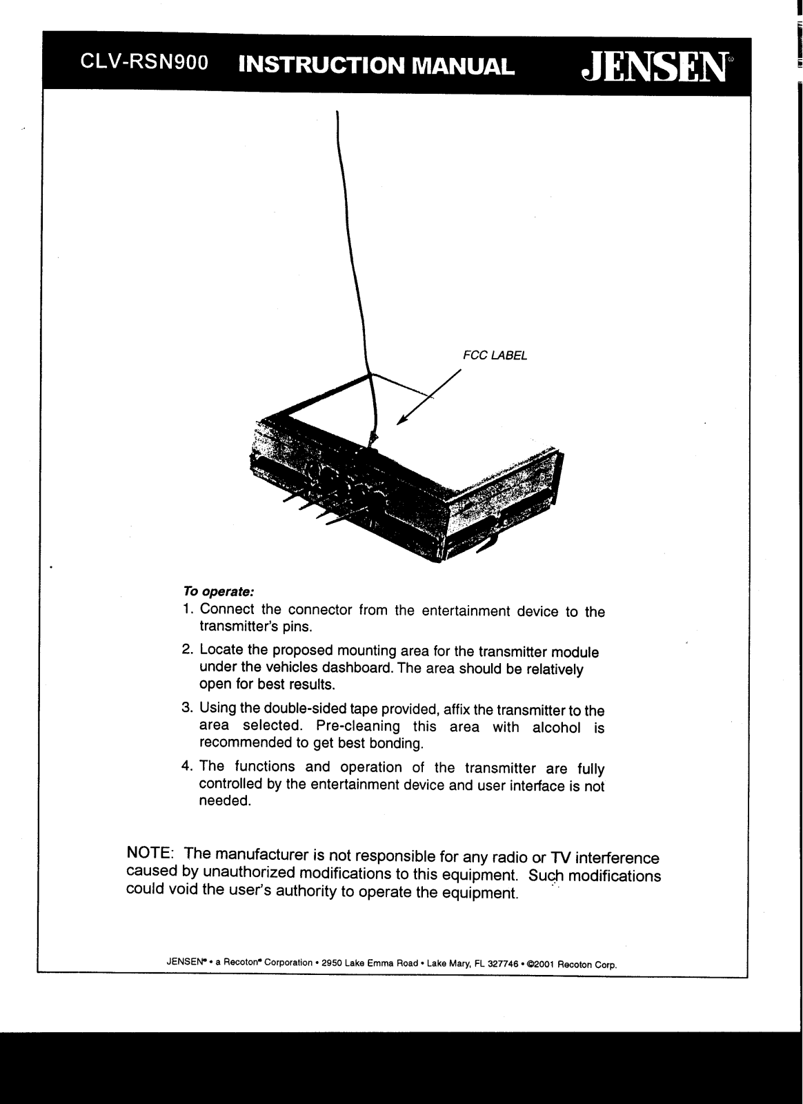 Recoton RSN900 Users Manual