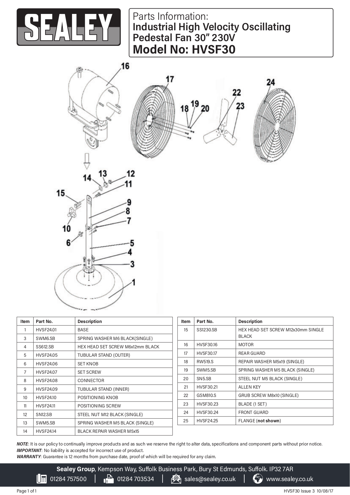 Sealey hvsf30 Parts Listing