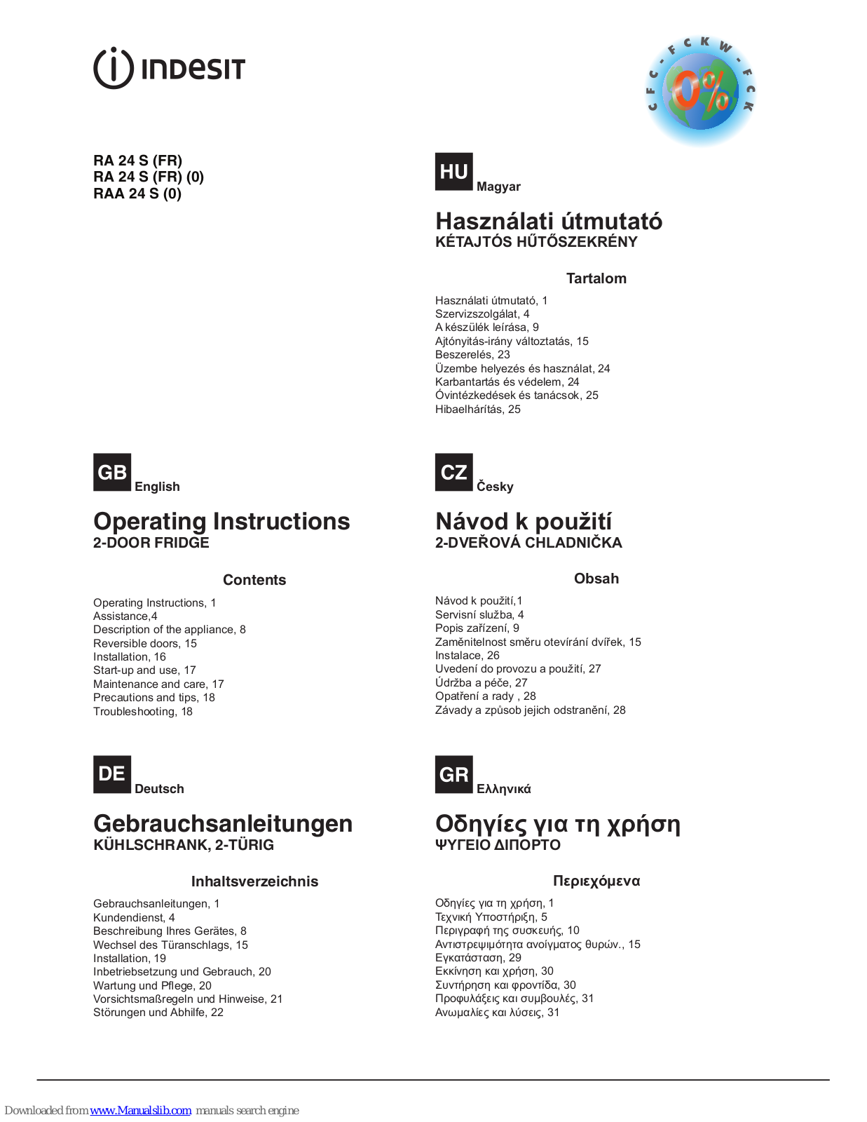 Indesit RA 24 S (FR), RAA 24 S (0), RA 24 S (FR) (0), RA 24 series, RAA 24 series Operating Instructions Manual